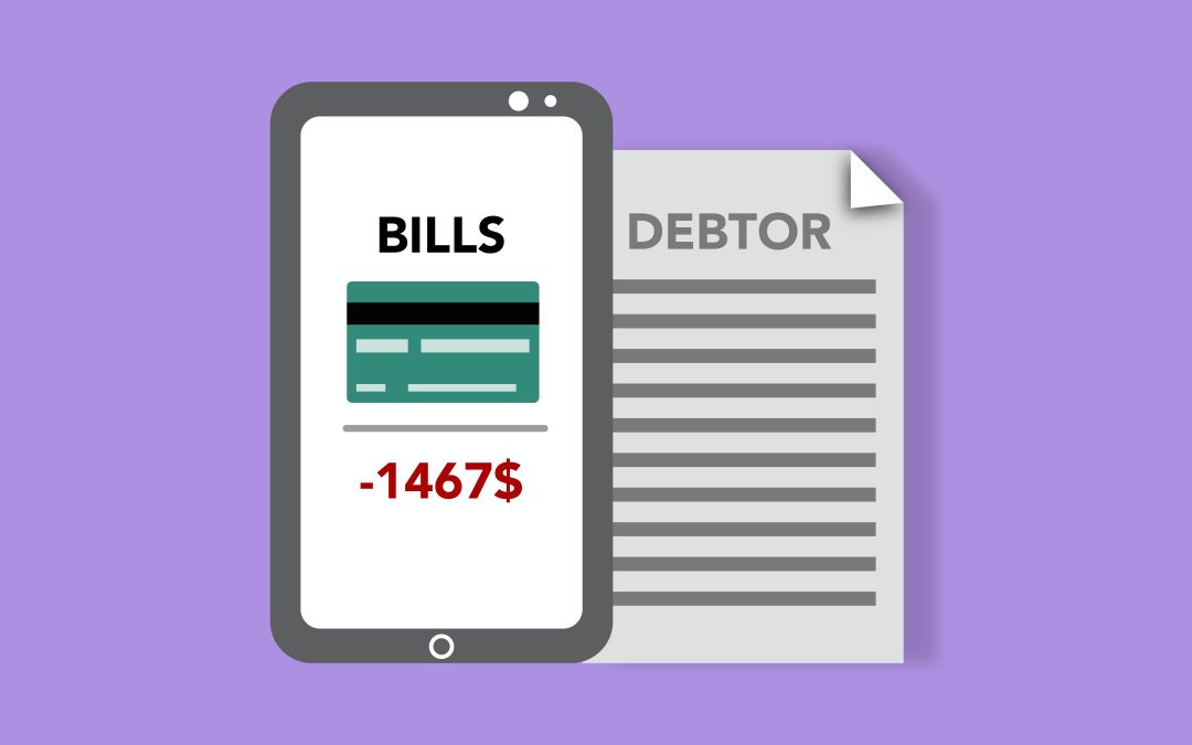 An illustration depicting unpaid bills and a debtor’s document